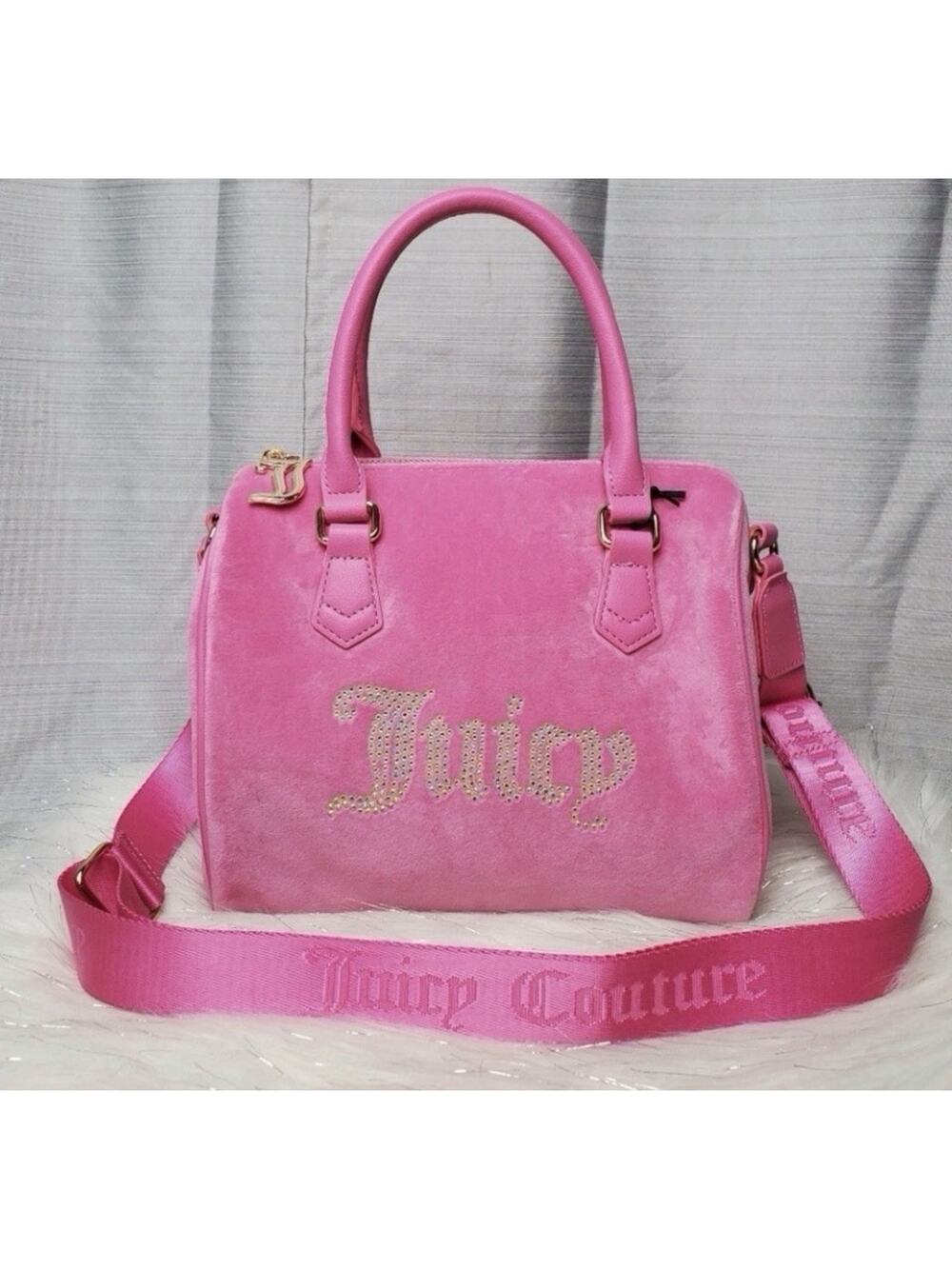 Hot Pink Juicy Couture Queen of Everything Velour Bag Logo Strap Gold Hardware
